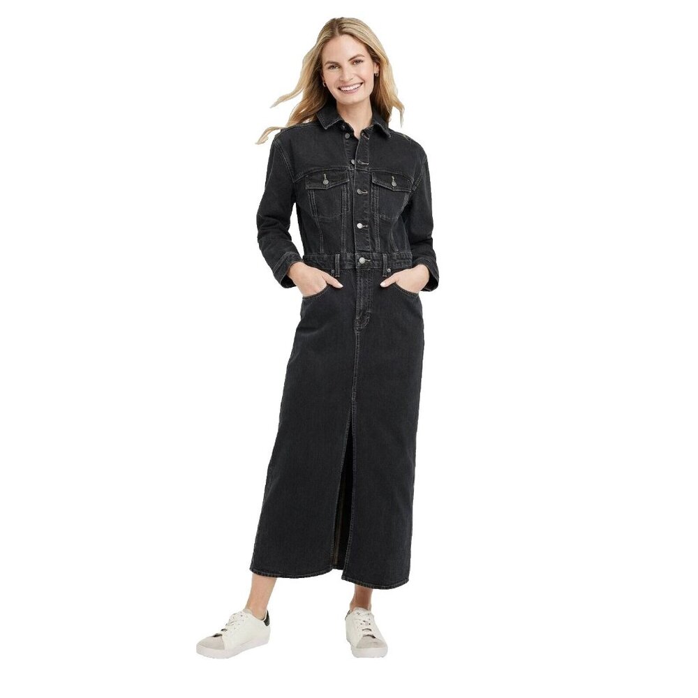 Universal Thread Black Long Sleeve Heavy Denim Maxi Shirt Dress